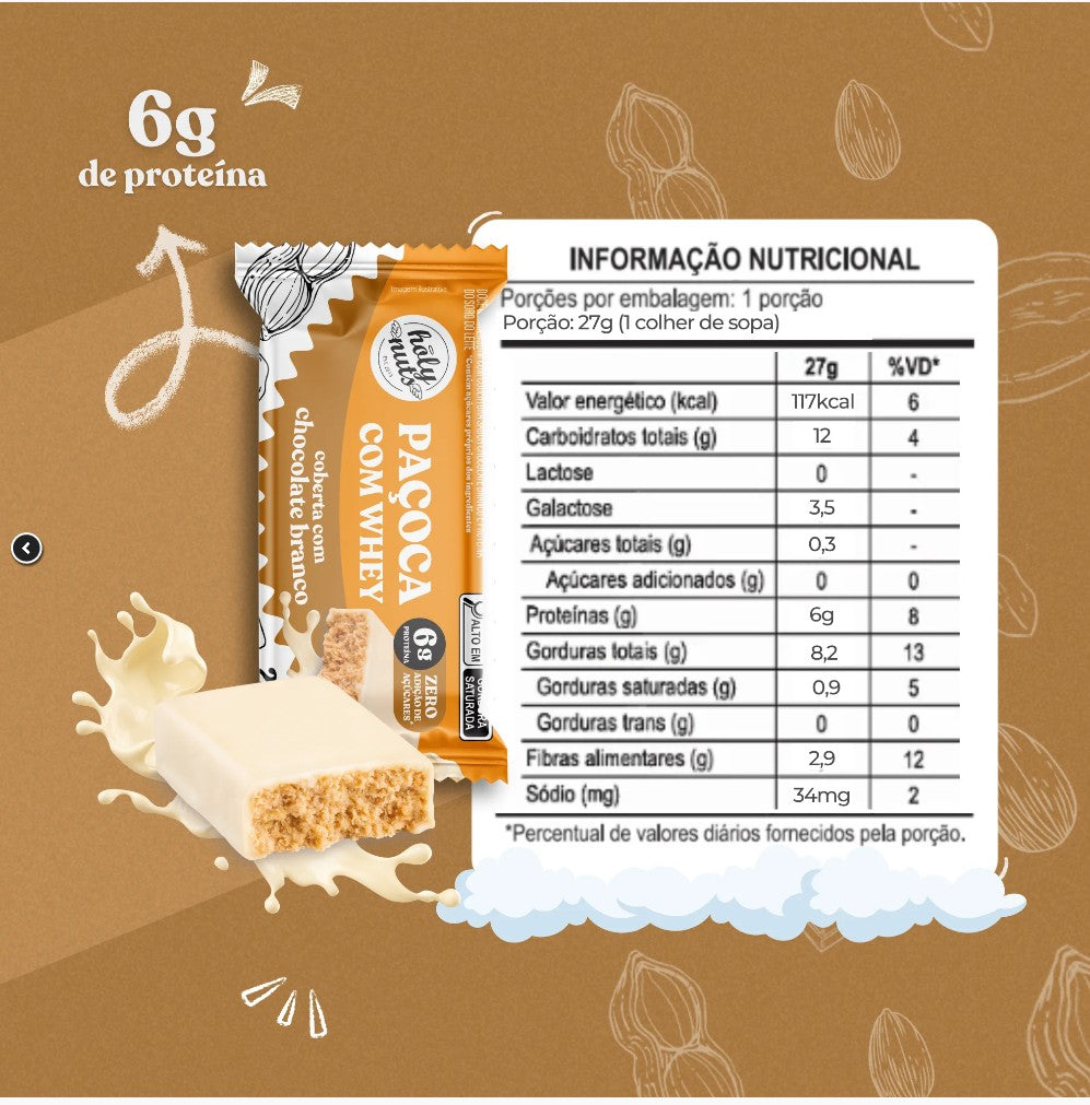 PAÇOCA COM WHEY COBERTA COM CHOCOLATE BRANCO - 27g