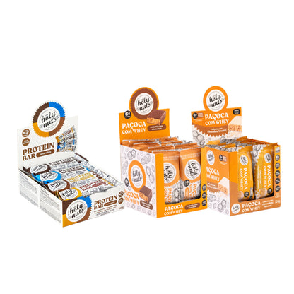 CX - BARRINHA DE PROTEINA MISTA + CX PAÇOQUINHA C/ WHEY + CX PAÇOQUINHA C/ WHEY CHOC BRANCO